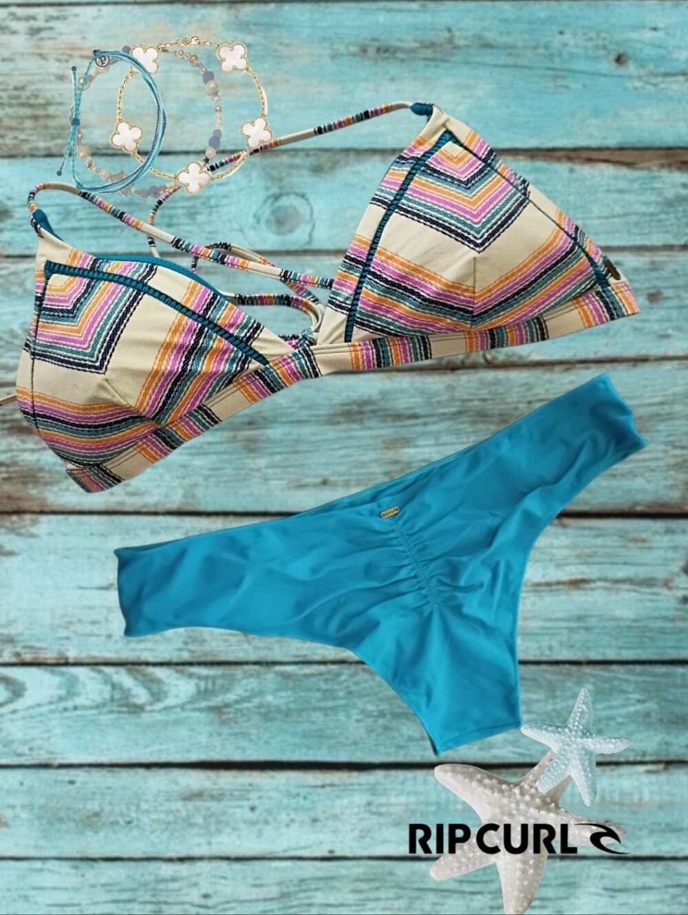 Rip Curl Bazaar Sliding Triangle Bikini Top (XL) With Solid Teal Bottom